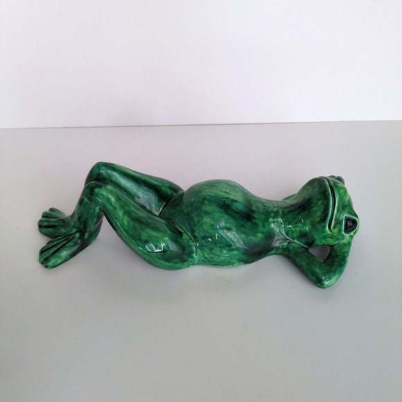 Vtg Arnel's Ceramic Laying Down Lounging Frog Figurine Green Glaze Retro 13" - Picture 5 of 10